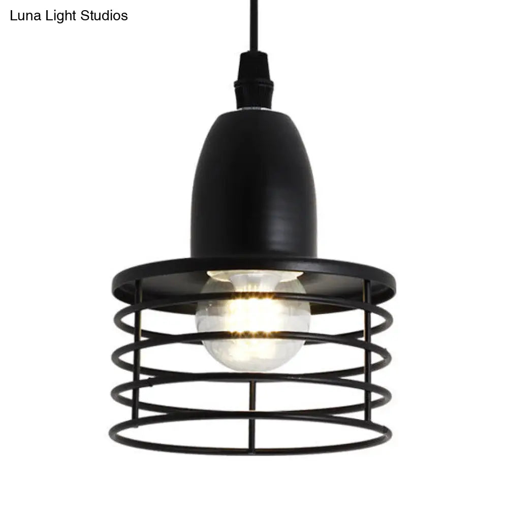 Industrial Retro Black/Bronze Metal Ceiling Pendant With Wire Cage Shade For Kitchen - 1-Light Drum