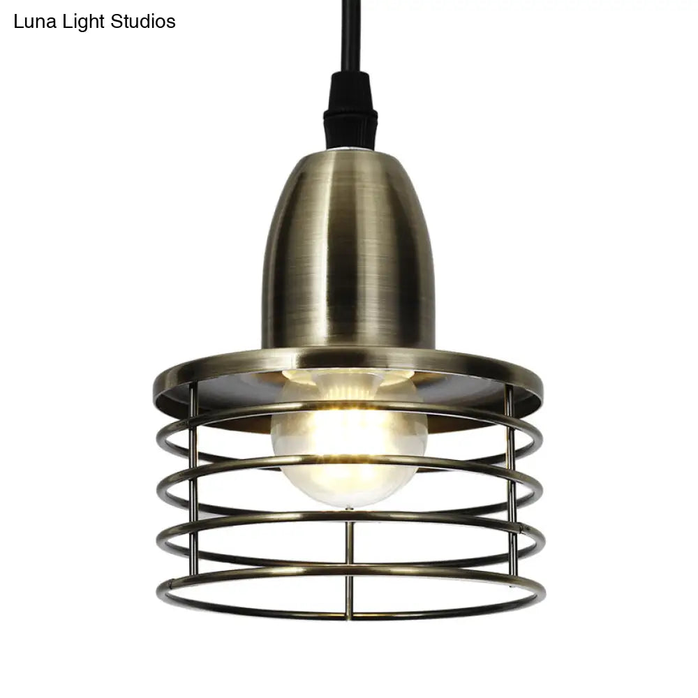 Industrial Retro Pendant Lighting: 1-Light Drum With Wire Cage Shade For Kitchen Ceiling