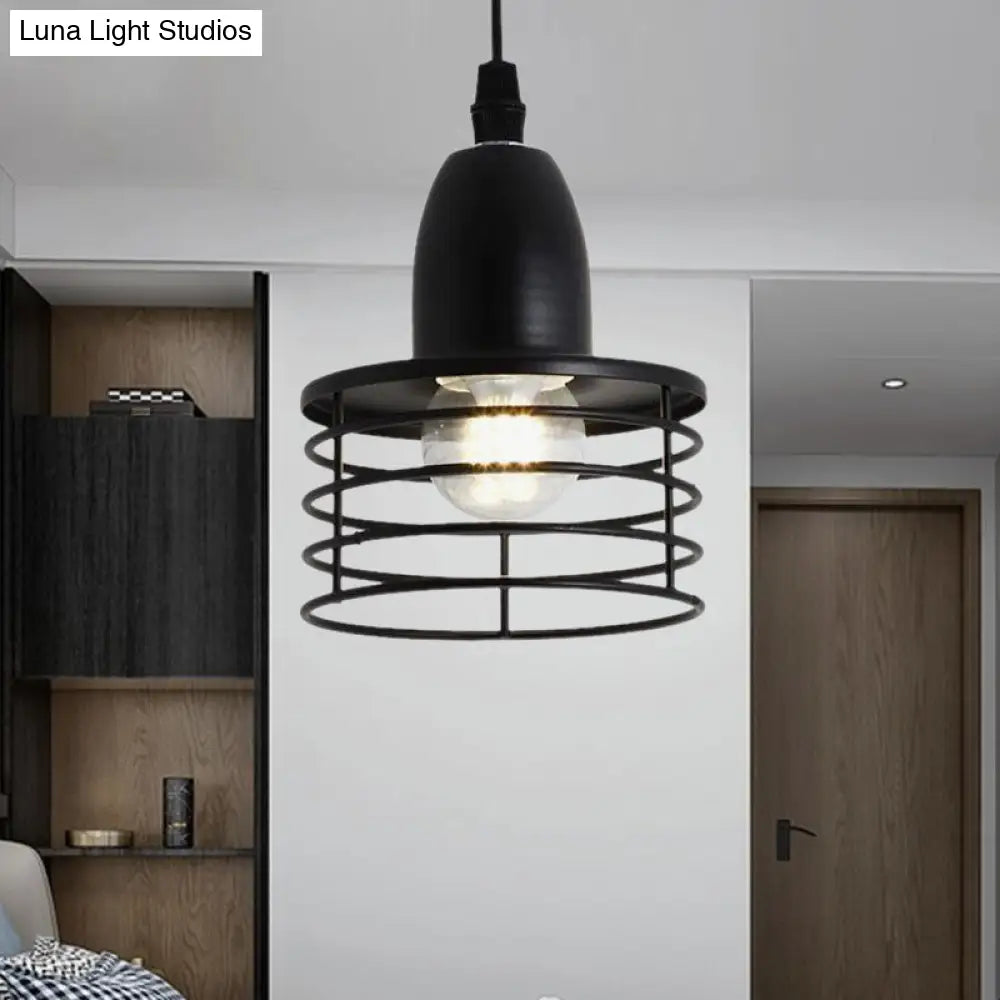 Industrial Retro Black/Bronze Metal Ceiling Pendant With Wire Cage Shade For Kitchen - 1-Light Drum