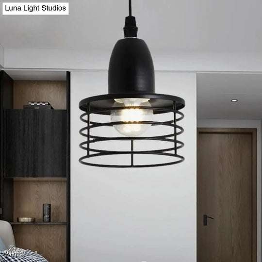 Industrial Retro Black/Bronze Metal Ceiling Pendant With Wire Cage Shade For Kitchen - 1-Light Drum