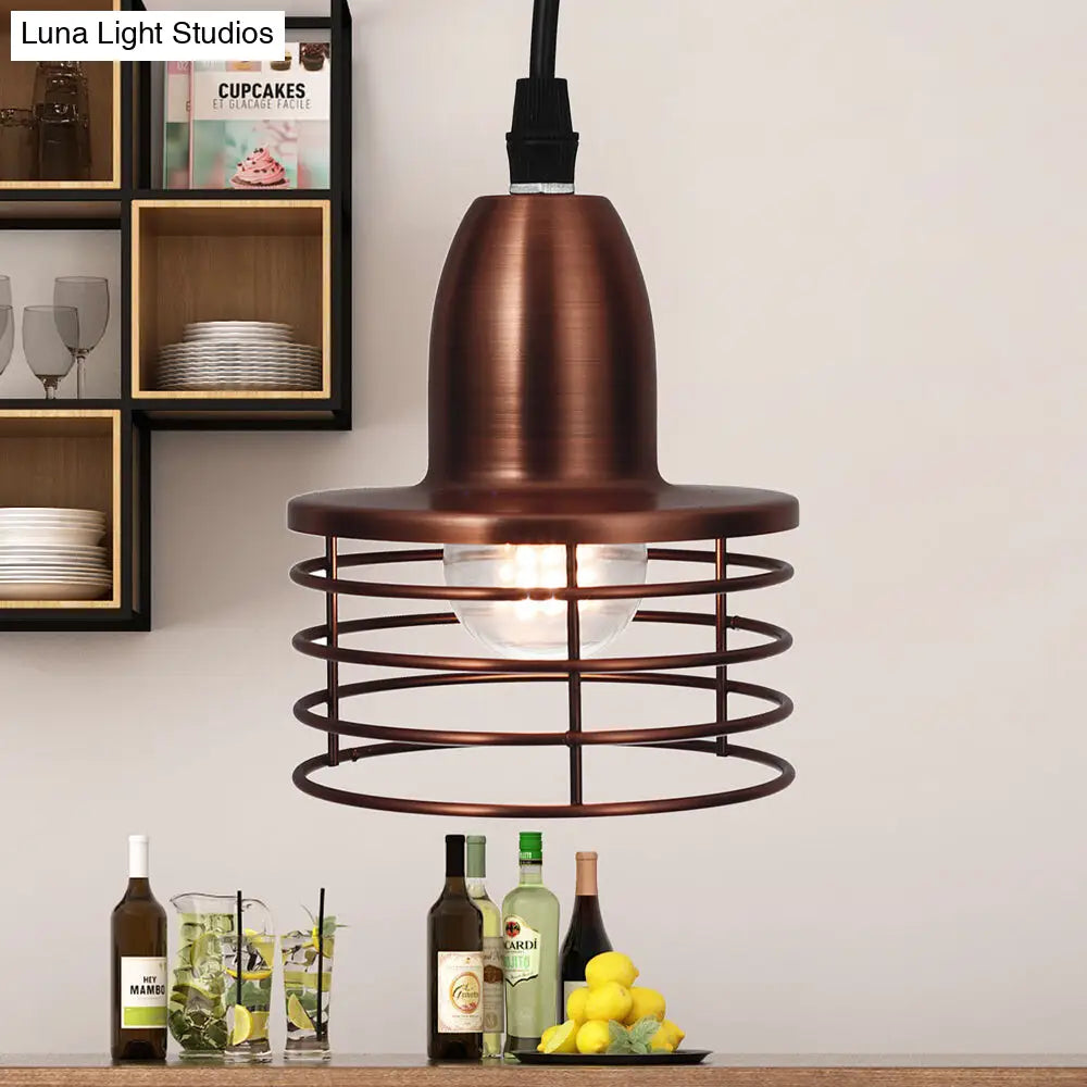 Industrial Retro Black/Bronze Metal Ceiling Pendant With Wire Cage Shade For Kitchen - 1-Light Drum