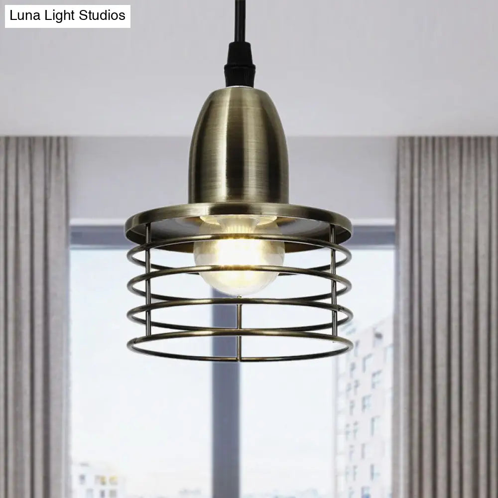 Industrial Retro Black/Bronze Metal Ceiling Pendant With Wire Cage Shade For Kitchen - 1-Light Drum