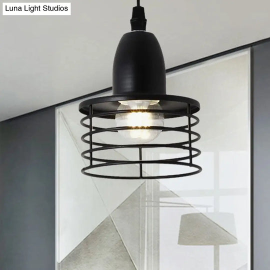 Industrial Retro Pendant Lighting: 1-Light Drum With Wire Cage Shade For Kitchen Ceiling