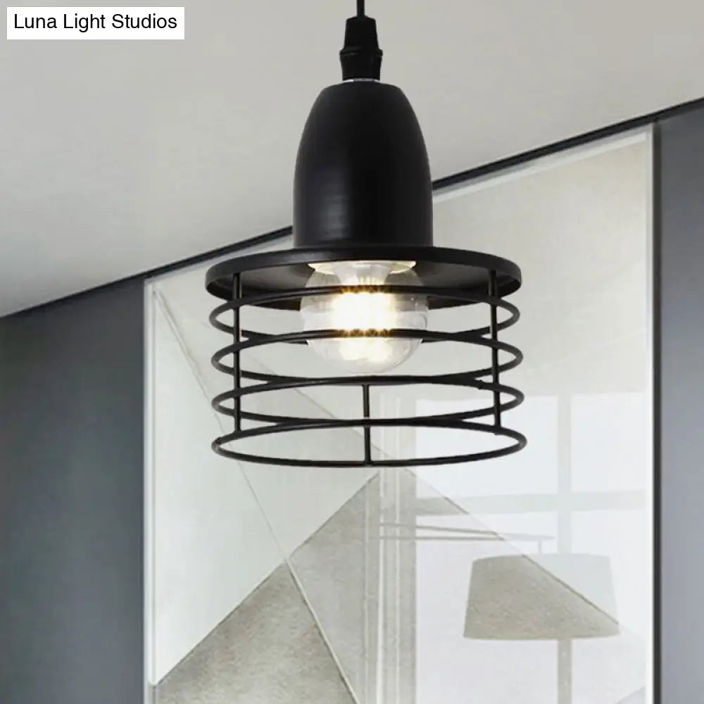 Industrial Retro Black/Bronze Metal Ceiling Pendant With Wire Cage Shade For Kitchen - 1-Light Drum