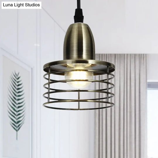 Industrial Retro Pendant Lighting: 1-Light Drum With Wire Cage Shade For Kitchen Ceiling