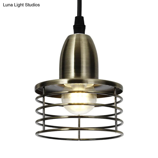 Industrial Retro Black/Bronze Metal Ceiling Pendant With Wire Cage Shade For Kitchen - 1-Light Drum