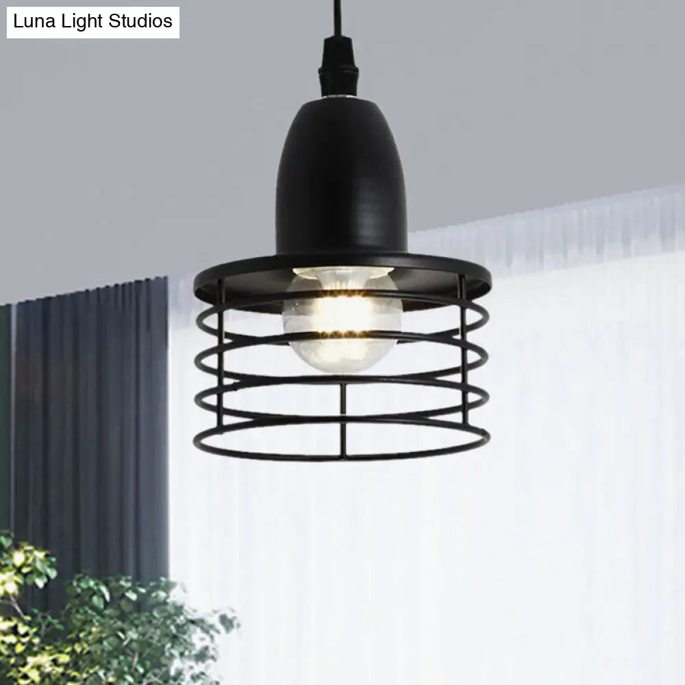 Industrial Retro Black/Bronze Metal Ceiling Pendant With Wire Cage Shade For Kitchen - 1-Light Drum