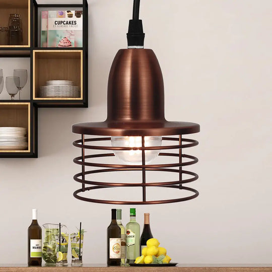 Industrial Retro Pendant Lighting: 1-Light Drum With Wire Cage Shade For Kitchen Ceiling