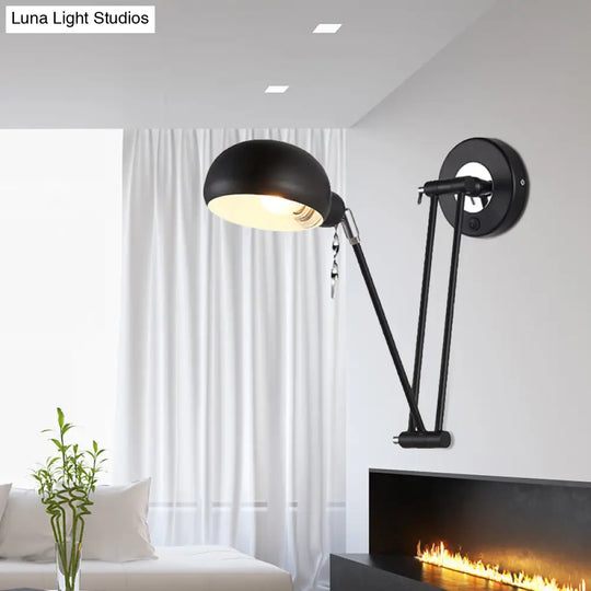 Industrial Retro Swing Arm Wall Light - Metallic Black Bowl Sconce For Living Room Lighting And