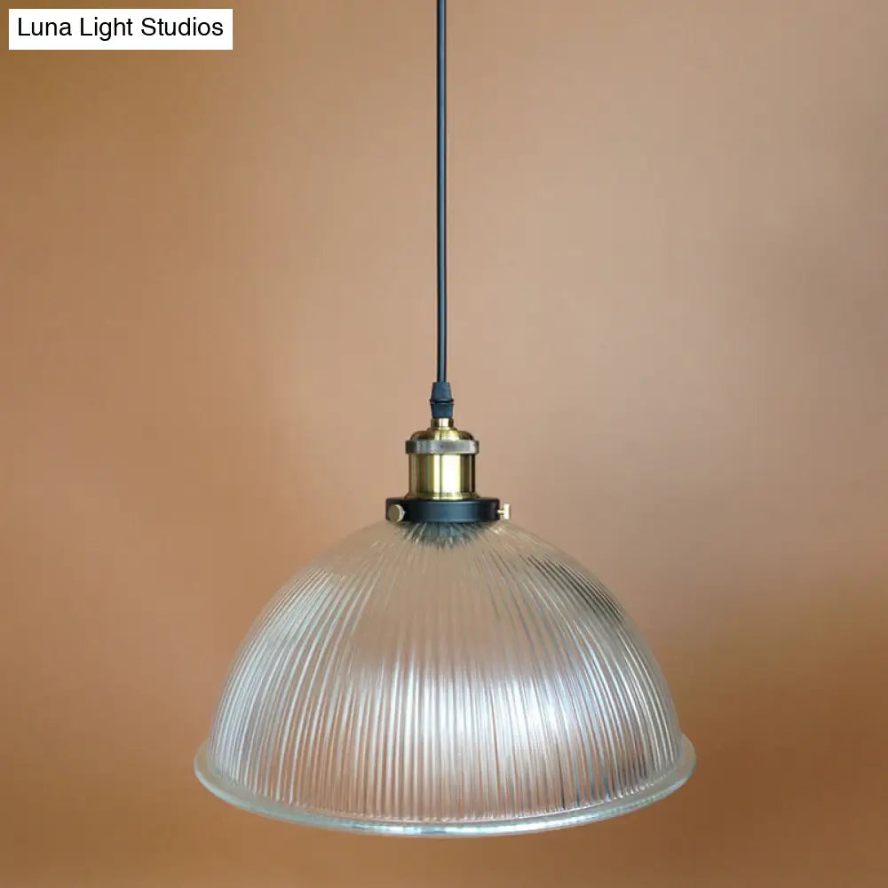 Industrial Ribbed Clear Glass Pendant Light - 1-Light Bowl Style For Restaurants