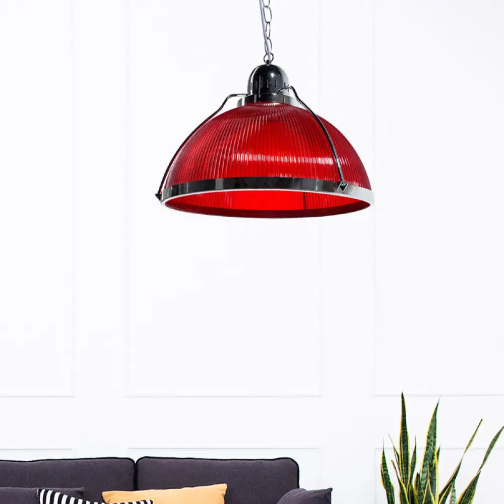 Industrial Ribbed Dome Pendant Lamp In White/Red/Yellow - Acrylic And Metal Red