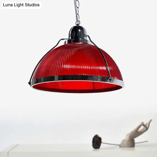 Industrial Ribbed Dome Pendant Lamp In White/Red/Yellow - Acrylic And Metal