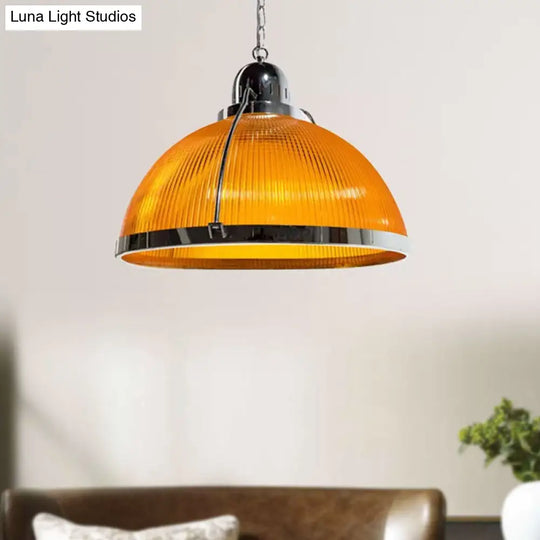 Industrial Ribbed Dome Pendant Lamp In White/Red/Yellow - Acrylic And Metal