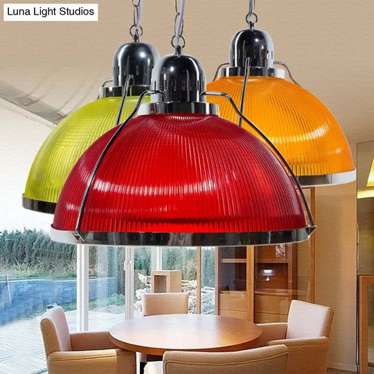 Industrial 1 Head Ribbed Dome Pendant Lamp In White/Red/Yellow - Acrylic & Metal Construction Ideal