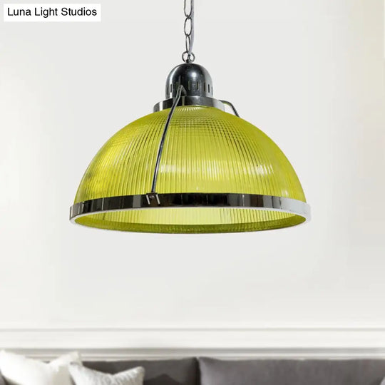 Industrial 1 Head Ribbed Dome Pendant Lamp In White/Red/Yellow - Acrylic & Metal Construction Ideal