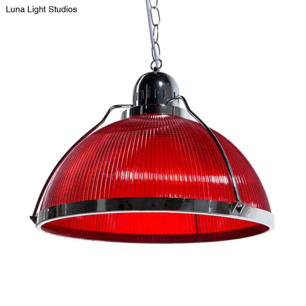 Industrial 1 Head Ribbed Dome Pendant Lamp In White/Red/Yellow - Acrylic & Metal Construction Ideal