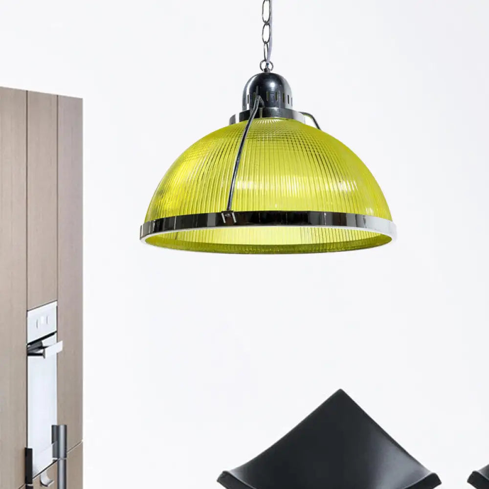 Industrial Ribbed Dome Pendant Lamp In White/Red/Yellow - Acrylic And Metal Yellow