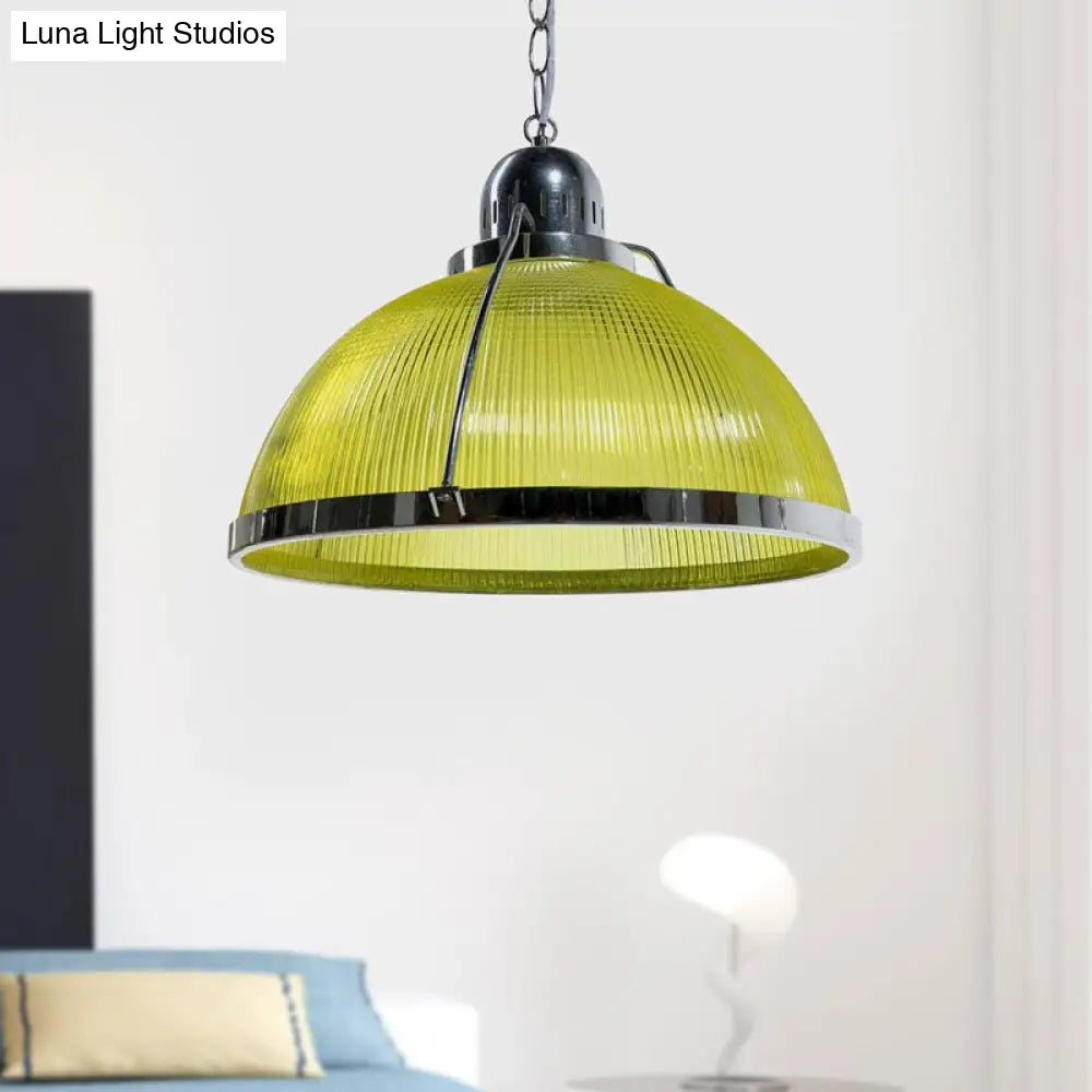 Industrial Ribbed Dome Pendant Lamp In White/Red/Yellow - Acrylic And Metal