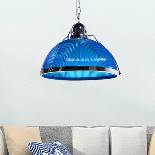 Industrial Ribbed Dome Pendant Lamp In White/Red/Yellow - Acrylic And Metal Blue