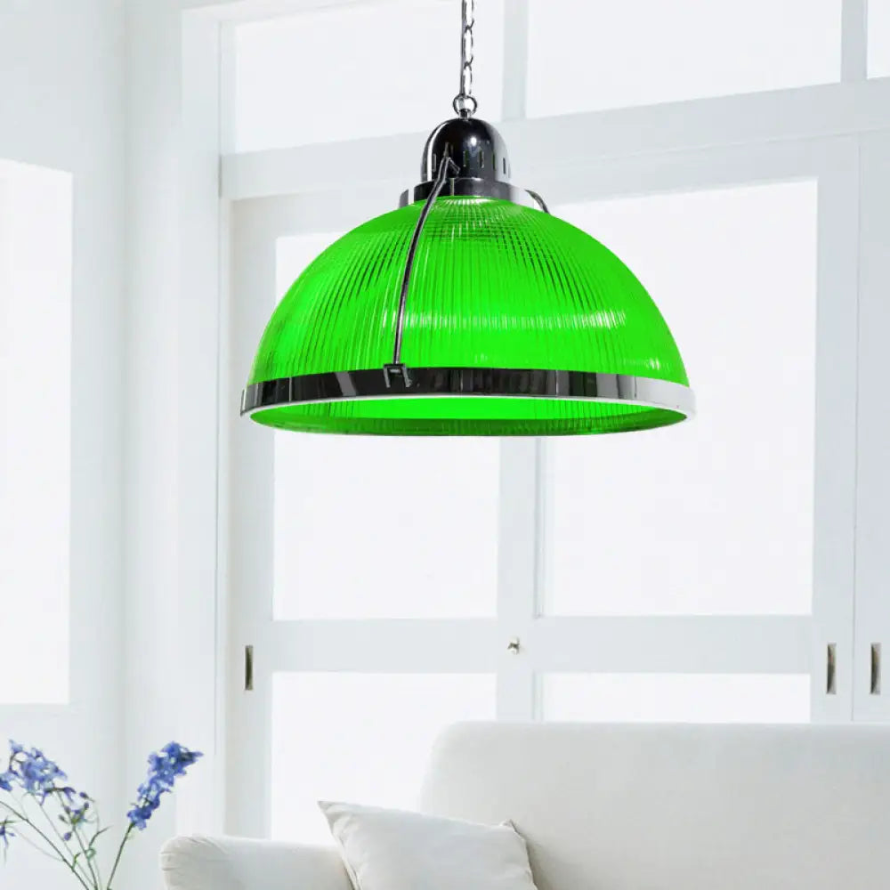 Industrial Ribbed Dome Pendant Lamp In White/Red/Yellow - Acrylic And Metal Green