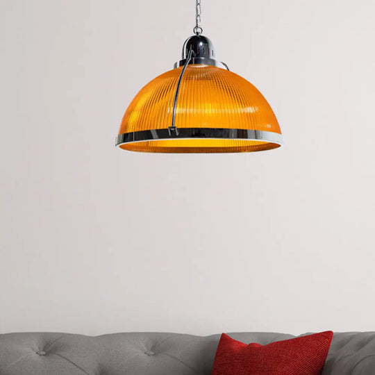 Industrial Ribbed Dome Pendant Lamp In White/Red/Yellow - Acrylic And Metal Orange