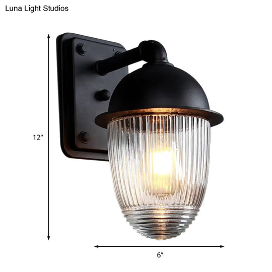 Industrial Ribbed Glass Black Sconce Light Thick Jelly Jar Wall Lamp 1-Light Fixture 5/6 Wide