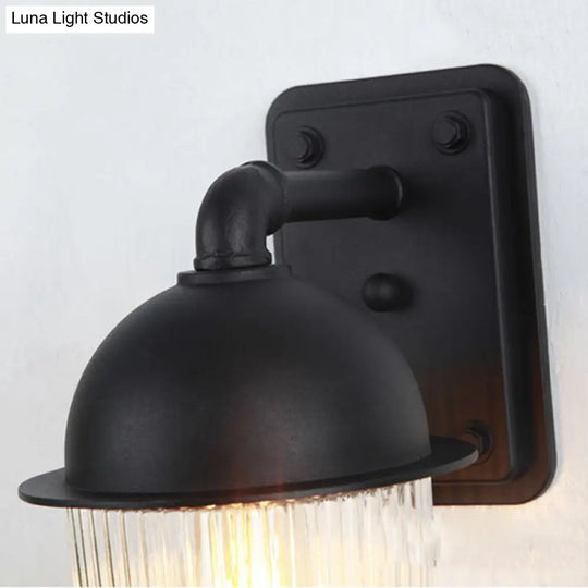 Industrial Ribbed Glass Black Sconce Light Thick Jelly Jar Wall Lamp 1-Light Fixture 5/6 Wide