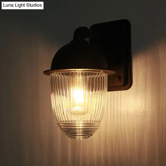 Industrial Ribbed Glass Black Sconce Light Thick Jelly Jar Wall Lamp 1-Light Fixture 5/6 Wide