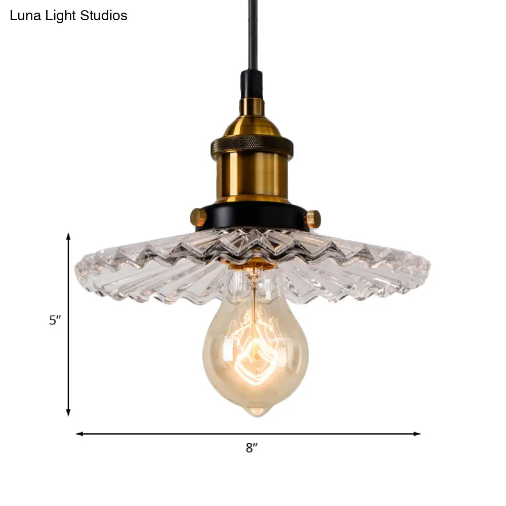 Industrial Ribbed Glass Cone Hanging Lamp - Brass Pendant Light For Indoor