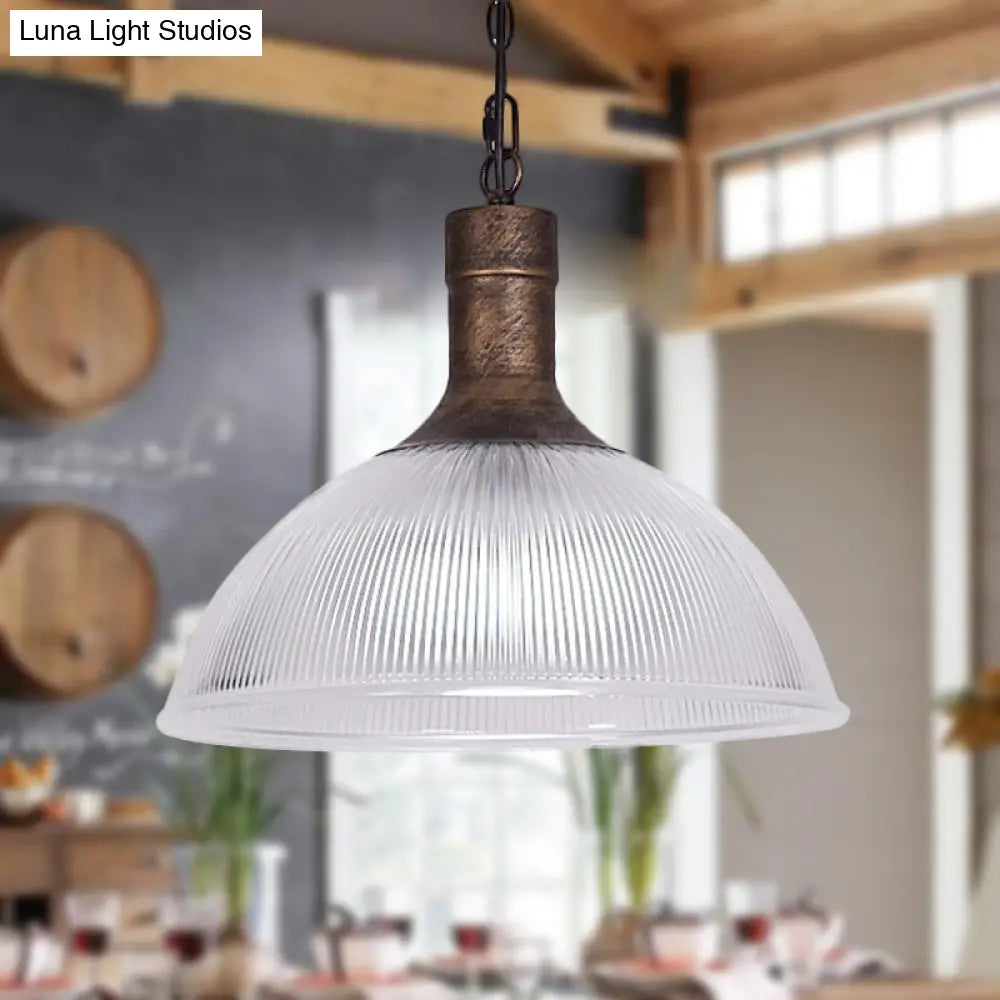 Industrial Ribbed Glass Ceiling Pendant Light With Rust/Black Dome - 1-Light Fixture