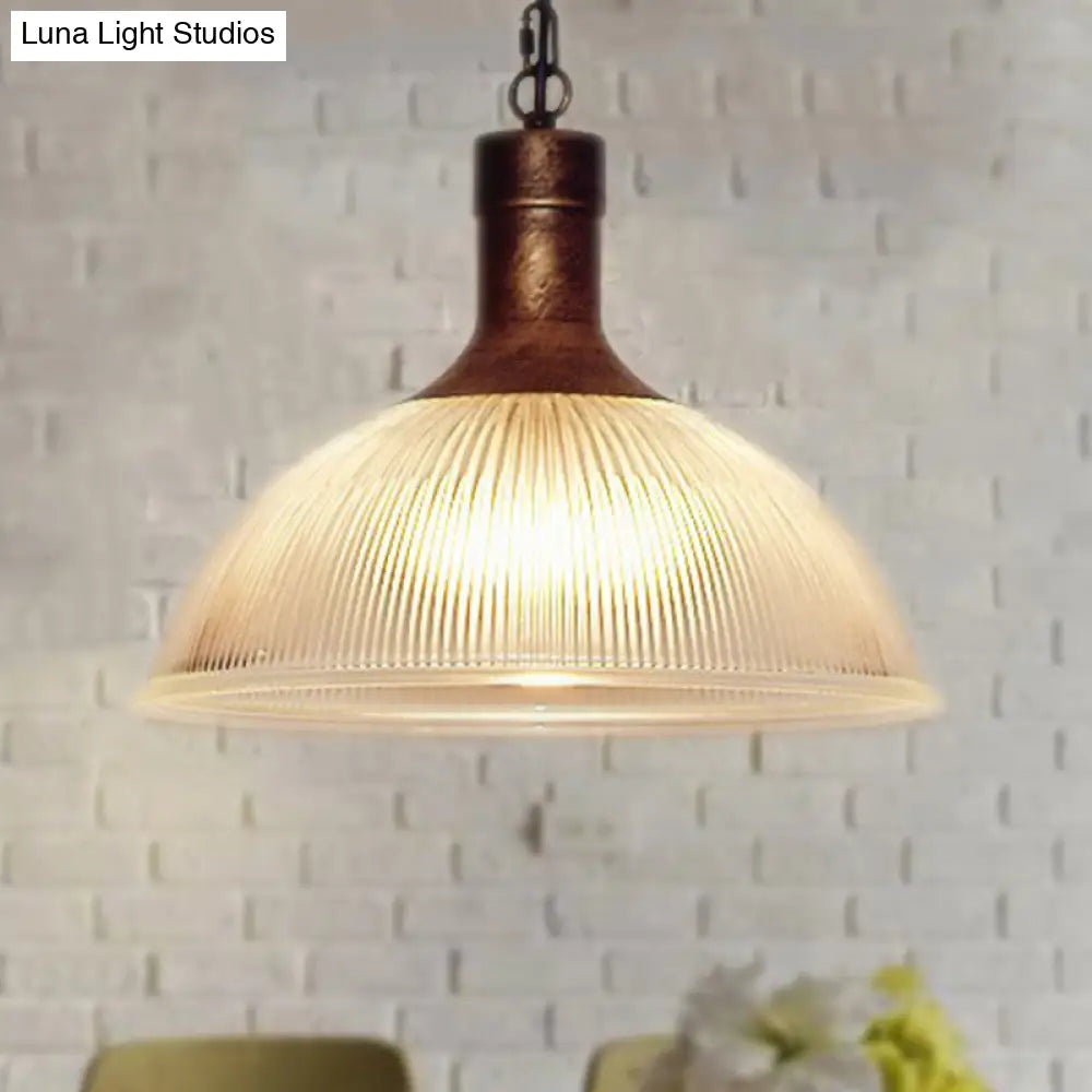 Industrial Ribbed Glass Ceiling Pendant Light With Rust/Black Dome - 1-Light Fixture