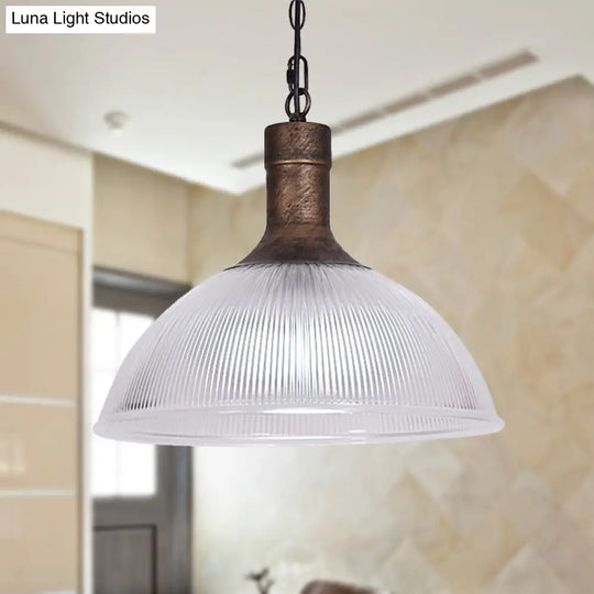 Industrial Ribbed Glass Ceiling Pendant Light With Rust/Black Dome - 1-Light Fixture Rust