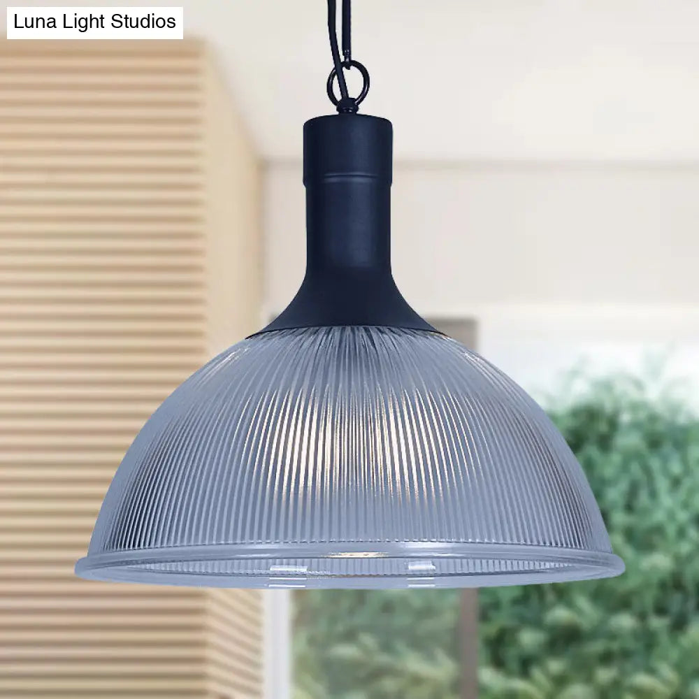 Industrial Ribbed Glass Ceiling Pendant Light With Rust/Black Dome - 1-Light Fixture