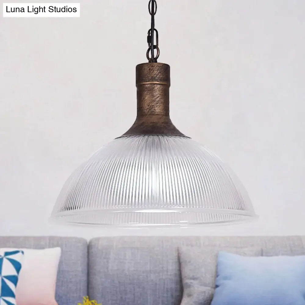 Industrial Ribbed Glass Ceiling Pendant Light With Rust/Black Dome - 1-Light Fixture