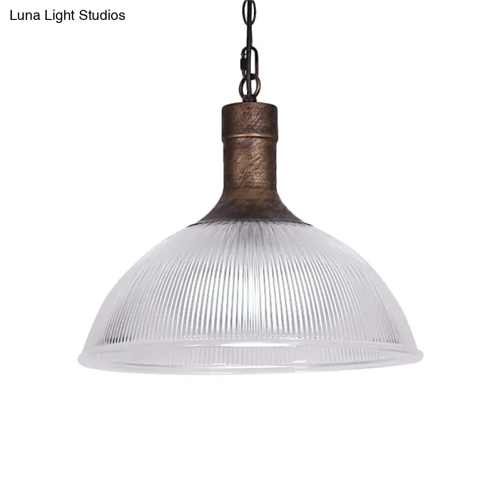 Industrial Ribbed Glass Dome Ceiling Light - Rust/Black Finish With 1 Living Room Pendant Fixture