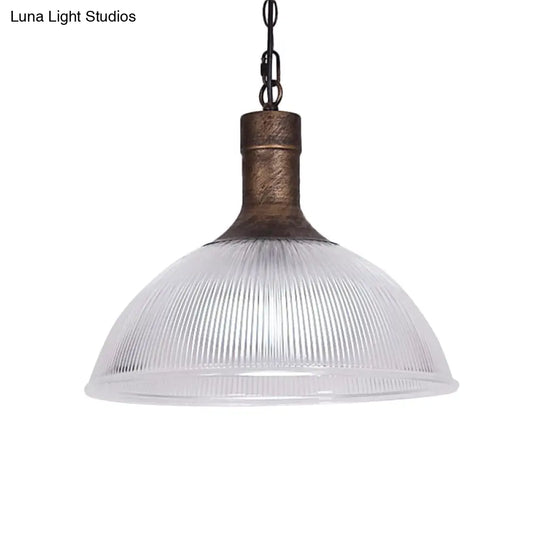 Industrial Ribbed Glass Dome Ceiling Light - Rust/Black Finish With 1 Living Room Pendant Fixture