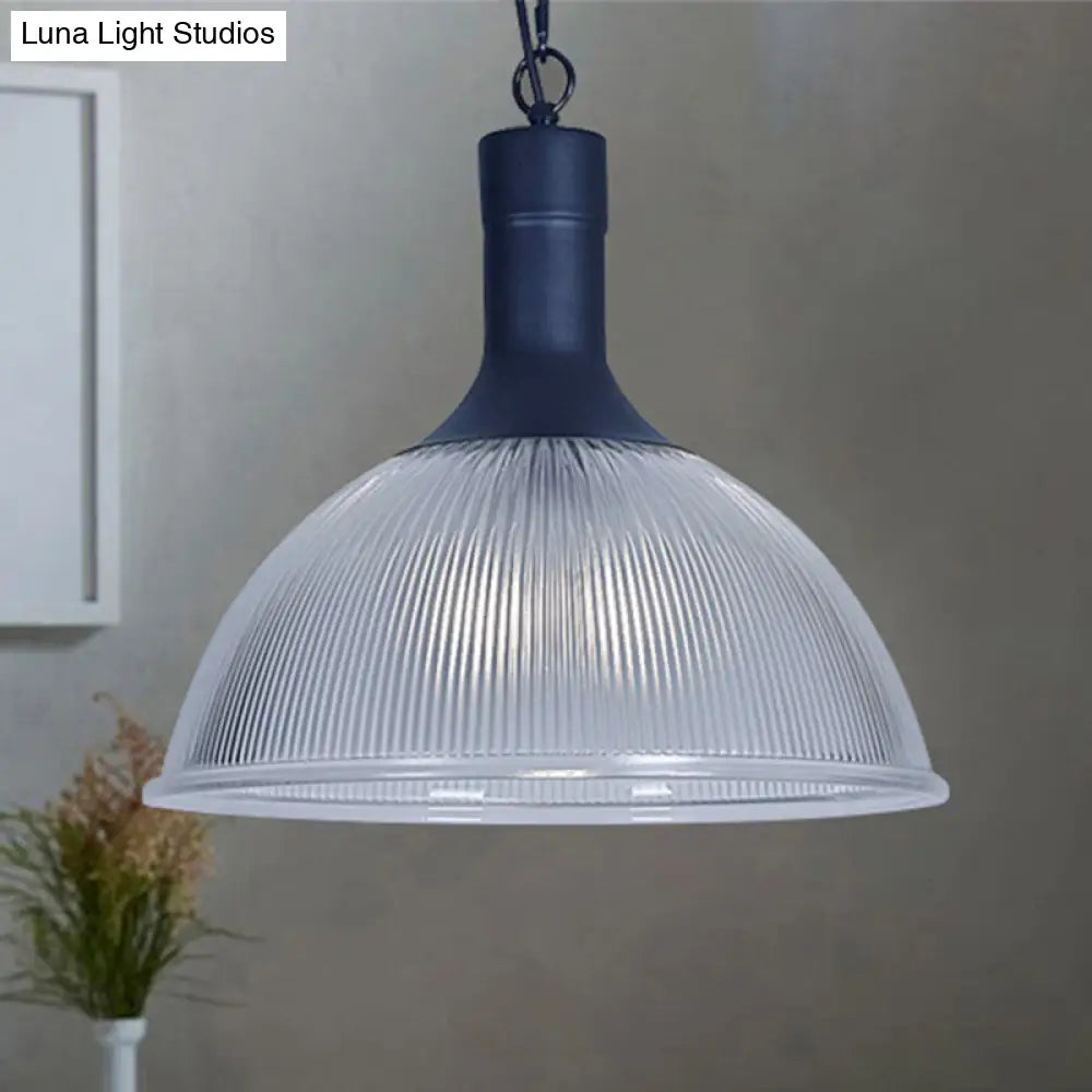 Industrial Ribbed Glass Ceiling Pendant Light With Rust/Black Dome - 1-Light Fixture