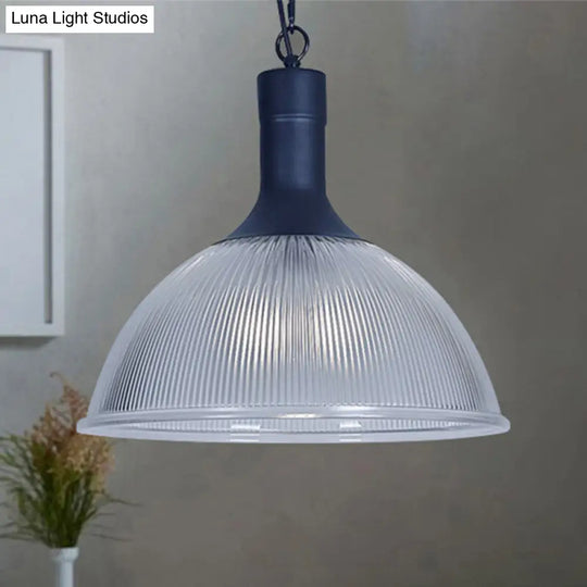 Industrial Ribbed Glass Ceiling Pendant Light With Rust/Black Dome - 1-Light Fixture