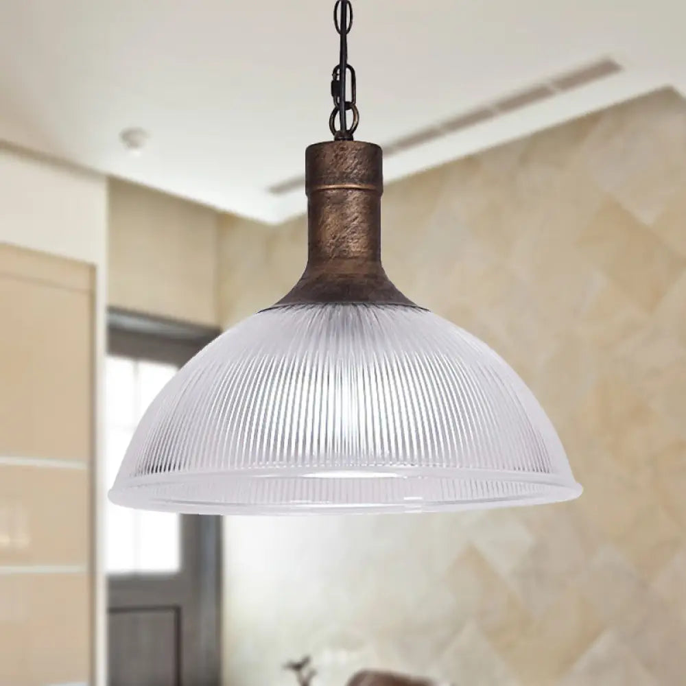 Industrial Ribbed Glass Dome Ceiling Light - Rust/Black Finish With 1 Living Room Pendant Fixture