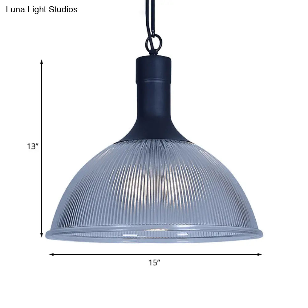 Industrial Ribbed Glass Ceiling Pendant Light With Rust/Black Dome - 1-Light Fixture