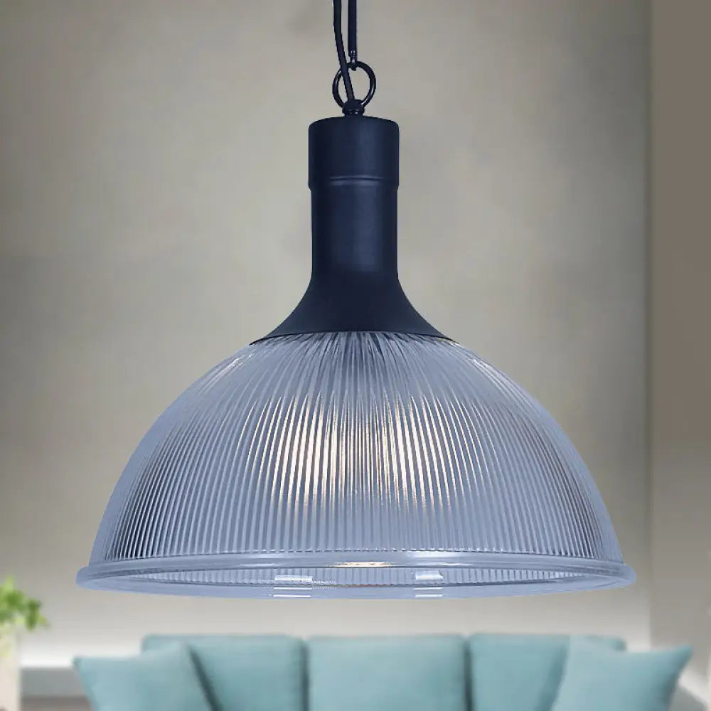 Industrial Ribbed Glass Dome Ceiling Light - Rust/Black Finish With 1 Living Room Pendant Fixture