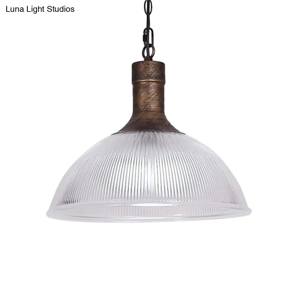 Industrial Ribbed Glass Ceiling Pendant Light With Rust/Black Dome - 1-Light Fixture