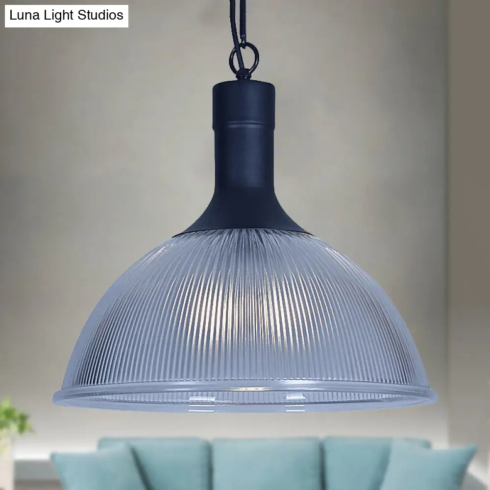 Industrial Ribbed Glass Ceiling Pendant Light With Rust/Black Dome - 1-Light Fixture Black