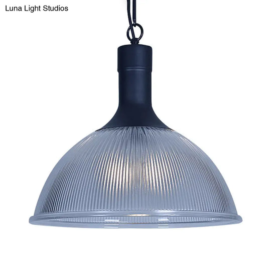 Industrial Ribbed Glass Dome Ceiling Light - Rust/Black Finish With 1 Living Room Pendant Fixture