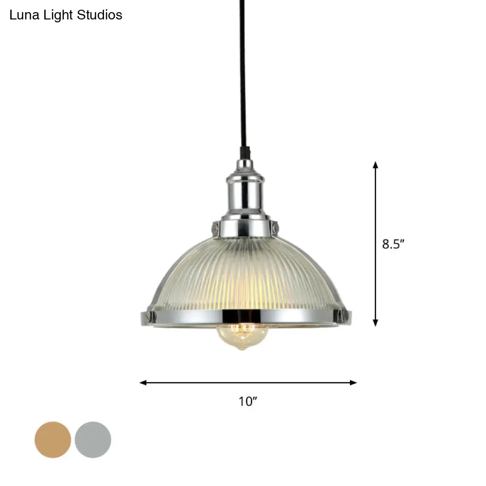 Industrial Ribbed Glass Dome Pendant Fixture - Antique Brass/Chrome