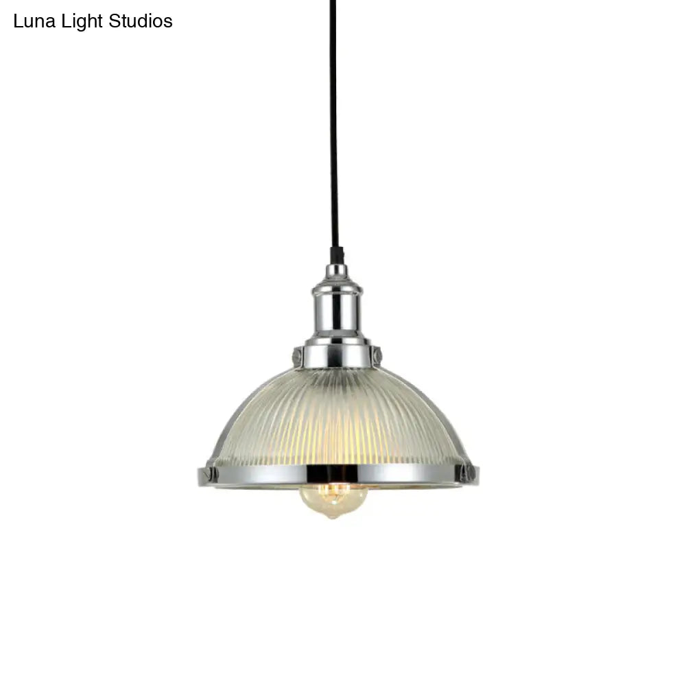 Ribbed Glass Industrial Pendant Light For Dining Room - Antique Brass/Chrome Dome Ceiling Fixture