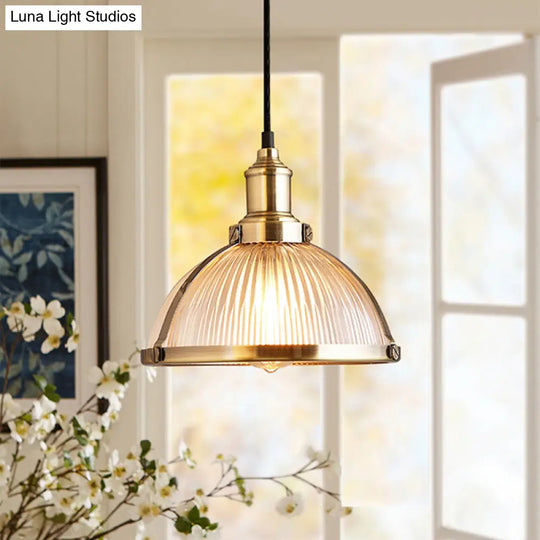 Ribbed Glass Industrial Pendant Light For Dining Room - Antique Brass/Chrome Dome Ceiling Fixture