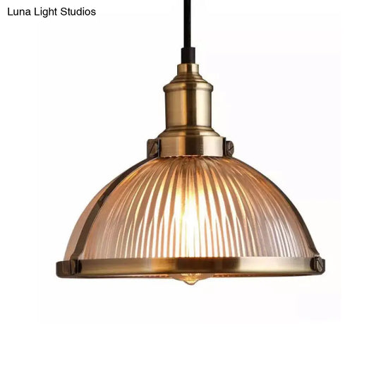 Ribbed Glass Industrial Pendant Light For Dining Room - Antique Brass/Chrome Dome Ceiling Fixture