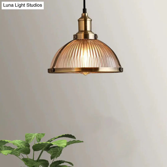 Industrial Ribbed Glass Dome Pendant Fixture - Antique Brass/Chrome