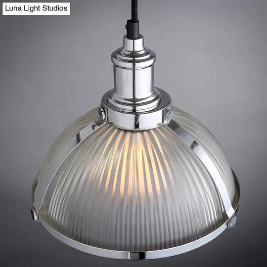 Industrial Ribbed Glass Dome Pendant Fixture - Antique Brass/Chrome